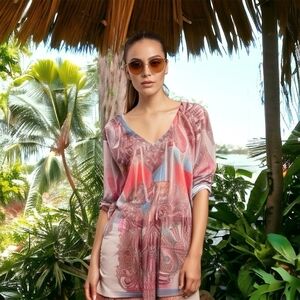 DANIEL BENJAMIN Women Blouse Sheer Rushed Tunic Dress Multicolored Stud Cover Up
